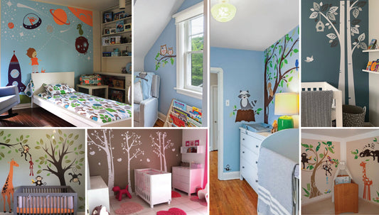 Collage of beautifully decorated children's rooms with vinyl wall decals featuring trees, owls, raccoons, monkeys, and a space scene with planets, rockets, and astronauts.